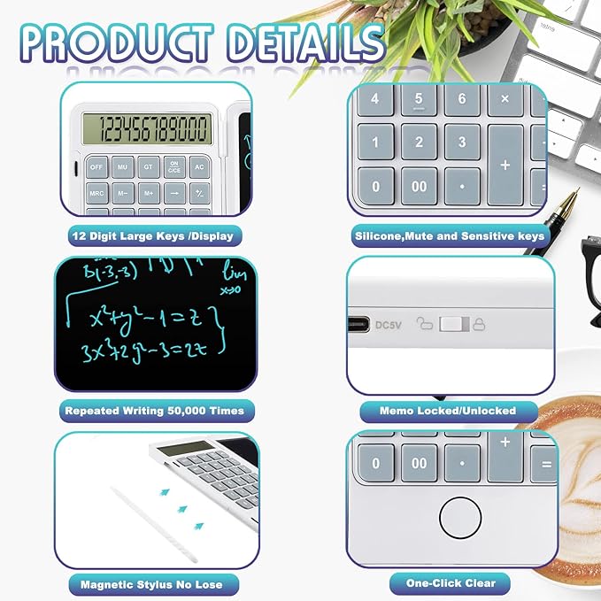 Hion Calculators,12-Digit Large Display Rechargeable Pocket Office Desktop Calculator with Erasable Wiriting Tablet,Mute Basic Desk Calculators with Doodle Pad for Student Home School,White