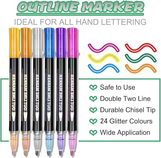 Easter Basket Essentials, 24 Colors Shimmer Glitter Markers Outline Pens, Easter Basket Stuffers for Teen, Teen Girl Gifts Trendy Stuff, Art Supplies Crafts Gifts for 4-12 Year Old Girls