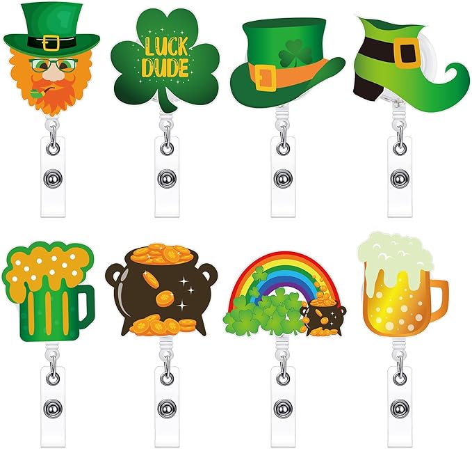 NACHLYNN 8 Pcs St. Patrick's Day Acrylic Retractable Badge Reels Cute Felt Nurse Badge Reel Holders Name ID Accessories with Retractable Cord for Teacher Student Nurses Gifts