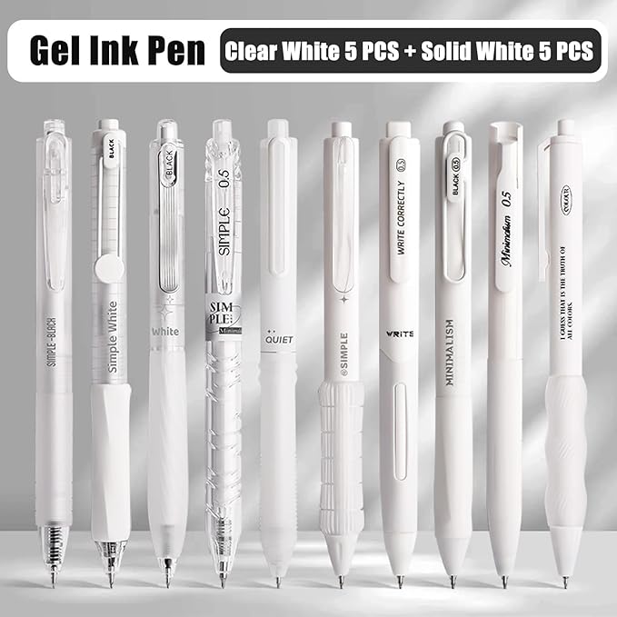 10 Count Pastel Gel Ink Pen Set,Cute Note Taking 0.5mm Fine Point Retractable 10 Count Black Ink Pens with for Writing, Journaling, School, Office (White)