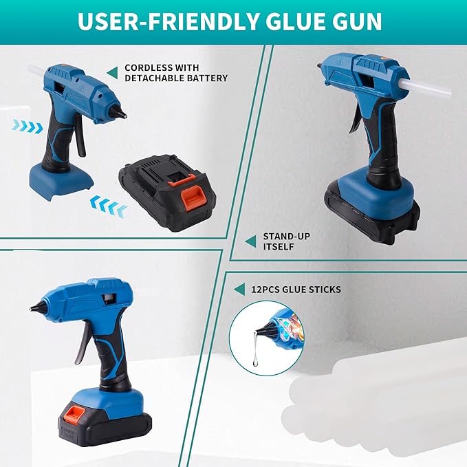 60W cordless hot glue gun, powered by a 20V battery, comes with 30 full-size glue sticks, anti drip, fast heating, perfect for DIY crafts, maintenance, and home projects (including batteries)