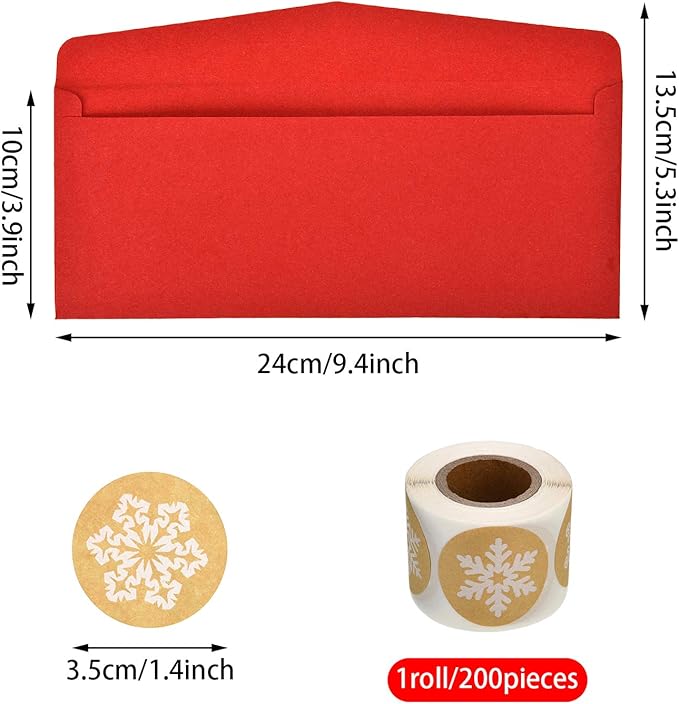 100 Pieces Number 10 Envelopes Gift Card Envelopes with 200 Pieces Christmas Kraft Snowflake Stickers Valentine's Day Stickers for Festive Letters Holiday Mail Gift Supplies (Classic Style)