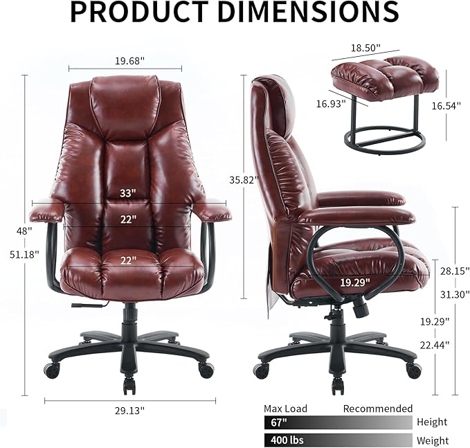 Office Chair Big and Tall, High Back Home Office Chair 400 lbs, Executive Desk Chair, Ergonomic Office Chair with Padded Armrest, Swivel Computer Chair PU Leather (Brown)