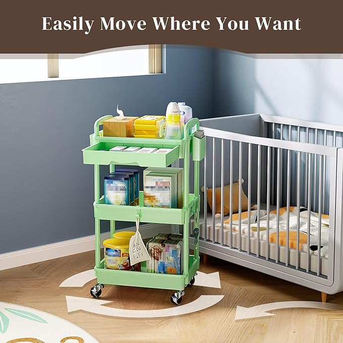 3 Tier Rolling Utility Cart with Drawer, Utility Storage Organizer with Plastic Shelf & Lockable Wheels Multifunctional Storage Cart for Kitchen, Bathroom, Office, Living Room, Green