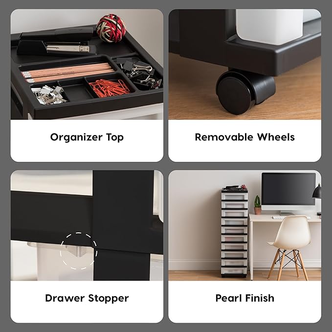 IRIS USA Plastic Drawer Storage Organizer Rolling Cart, with Wheels Casters, 10-Drawers, for Classroom Art Craft Supplies Dresser Closet Bathroom Bedroom, Top Organizer for Small Parts, Black/Pearl