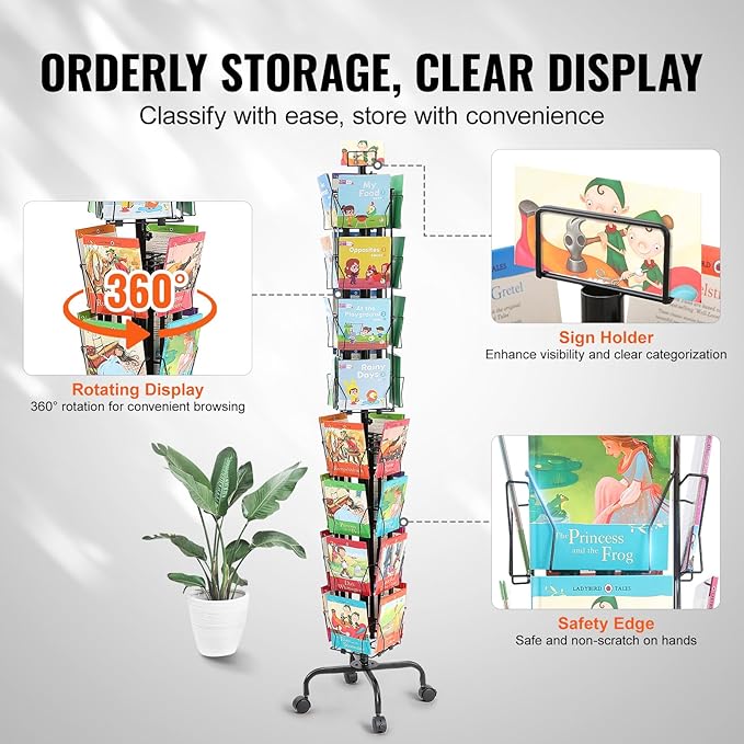 VEVOR Card Display Stand, 32-Slot Rotatable Postcard Holder, 360-Degree Spin with Title Clip & 4 Casters (2 with Brakes) for Office, Exhibits, and Fairs