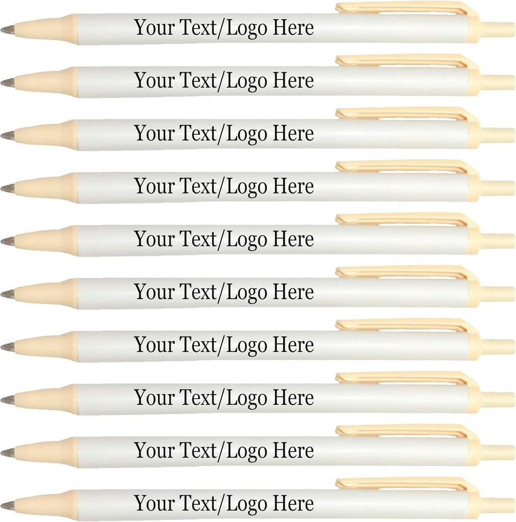 Personalized Click Stick Pens With your Custom Logo or Text-300 Pack Bulk-for Businesses, Parties, and Events, Custom Printed Retractable Slim Ballpoint Pens, Cream, Black Ink