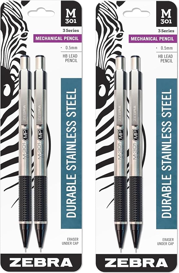 Zebra Pen M-301 Mechanical Pencil, Stainless Steel Barrel, Fine Point, 0.5mm, Black Grip, 4-Pack