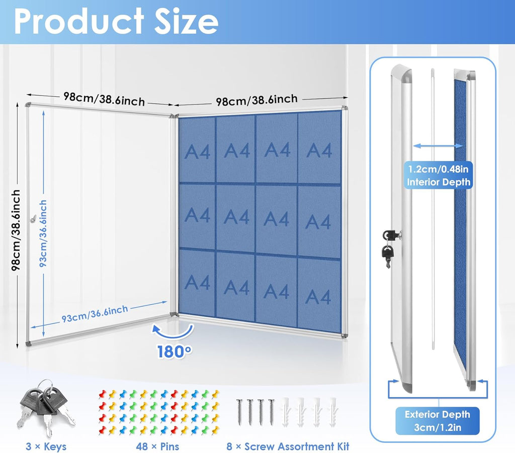 SWANCROWN Pins Bulletin Board Enclosed Lockable Noticeboard Glass Display Case for Home Office School,Blue Fabric,38"x38" (12xA4)