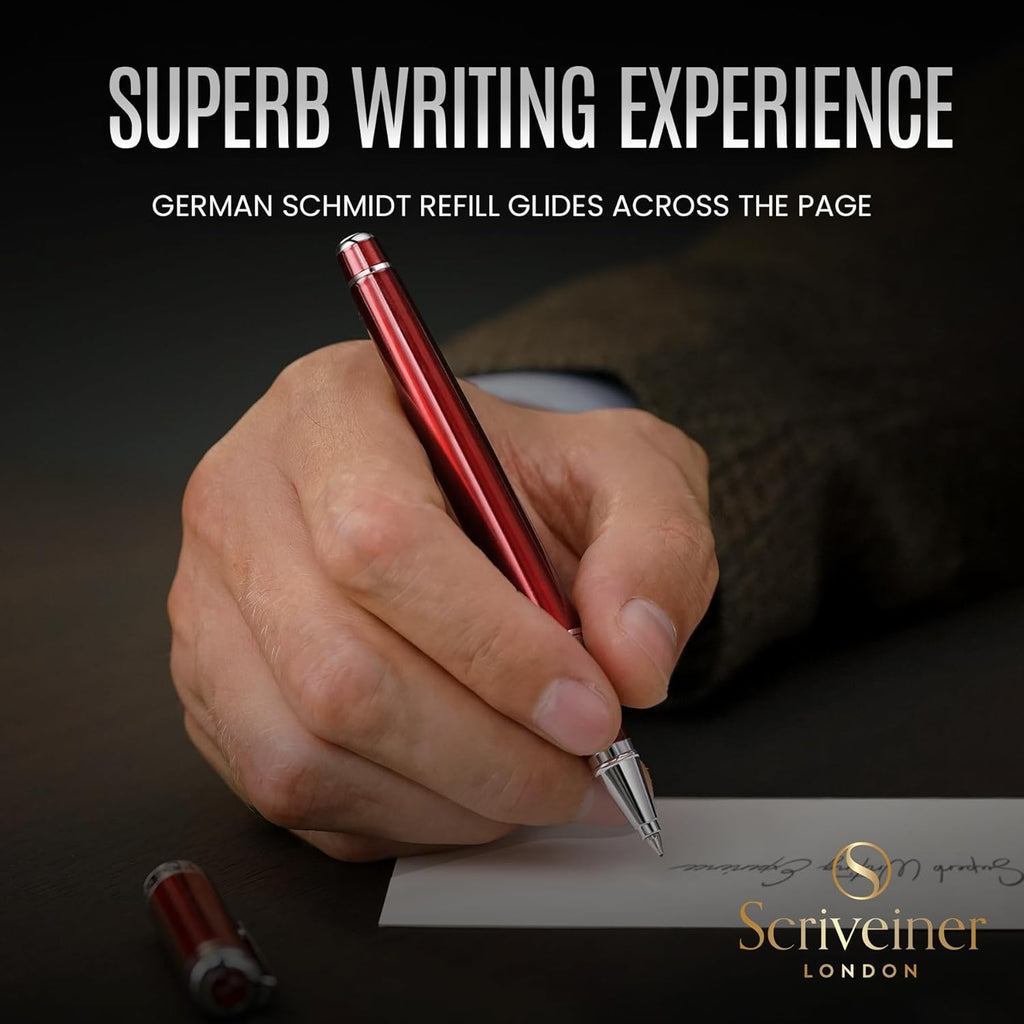 Scriveiner Deep Crimson Red Rollerball - Stunning Red Lacquer Luxury Pen with Chrome Finish, Schmidt Ink Refills, Roller Ball Pen Gift Set for Men & Women, Professional, Executive, Office, Nice Pens