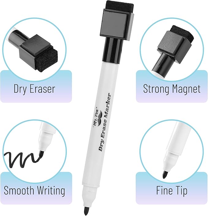 Mr. Pen Magnetic Dry Erase Markers - 12 Pack, Black Fine Tip with Eraser Cap
