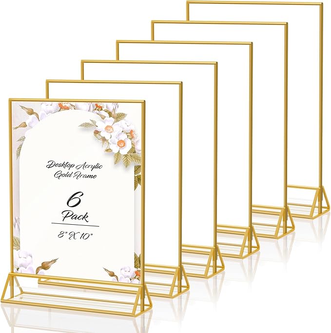 8X10 Gold Frames Double Sided Acrylic Sign Holder Tabletop Picture Frames Vertical Display Stand for Photos Wedding School Home ,Set of 6