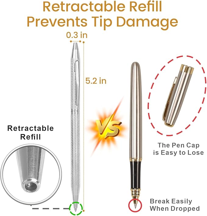 Cambond Ballpoint Pens Fancy Pens - Wedding Guest Book Metal Pen Uniform Christmas Gift Sliver Pen Black Ink 1.0mm Medium Point, 3 Pens with 3 Refills (Silver)