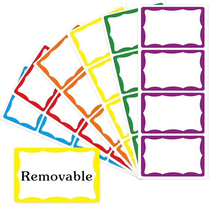 Removable Name Tags, 3 1/2" x 2 1/4", White with Colorful Border, 120 Waterproof Name Badges for Office,School,Classroom and Home