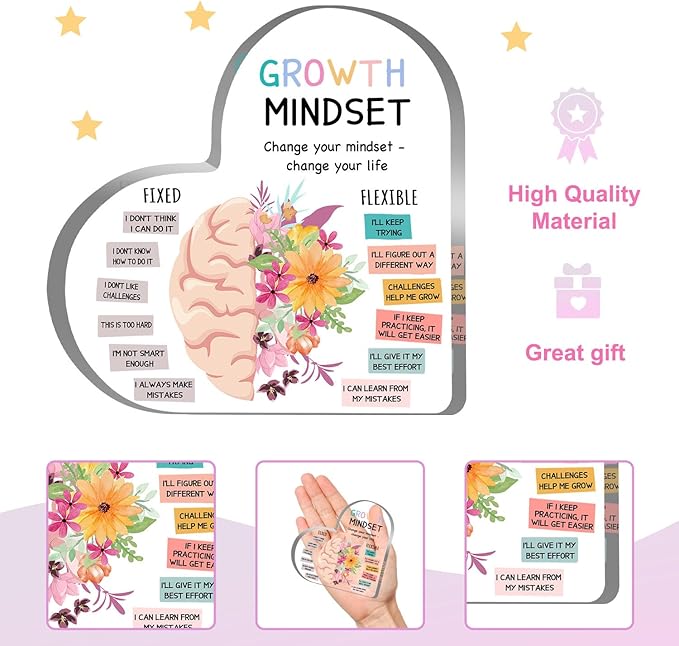Growth Mindset Decor, Mental Health Therapy Office School Art Educational Challenging Thoughts Affirmation Decorations Positive Sayings Inspirational Gifts Acrylic Heart Inspirational Gift for Teacher