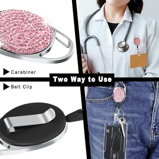 VIQWYIC 2 Pack Retractable ID Badge Holder with Clip, ID Name Badge Reels with Bling Rhinestones Retractable Card Holder for Office Worker Teacher Doctor Nurse(Pink&Purple)