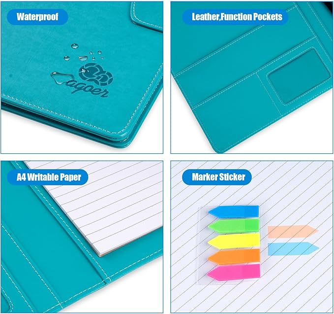 A4 Clipboard Folder Padfolio Clipboard,Faux Leather Interview Resume Folder with Magnetic Cover,Conference Document Organizer with Papers,Sticky Tabs,Pen,Work Folio for Women & Man,Pale Turquoise