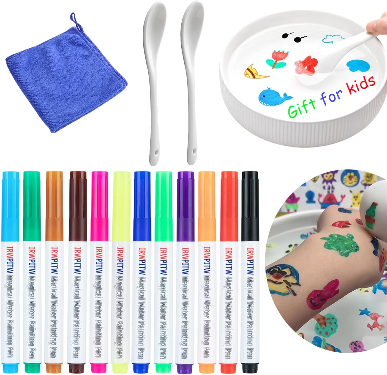 IRWPITW Magical Water Painting Pens for Kids, 12 Colors Magic Drawing Pen Bundle, Kiddies Create Magic Pen Floating Ink Drawings Set with Spoons and Towel, Tattoo Water Marker Gifts for Boys and Girls