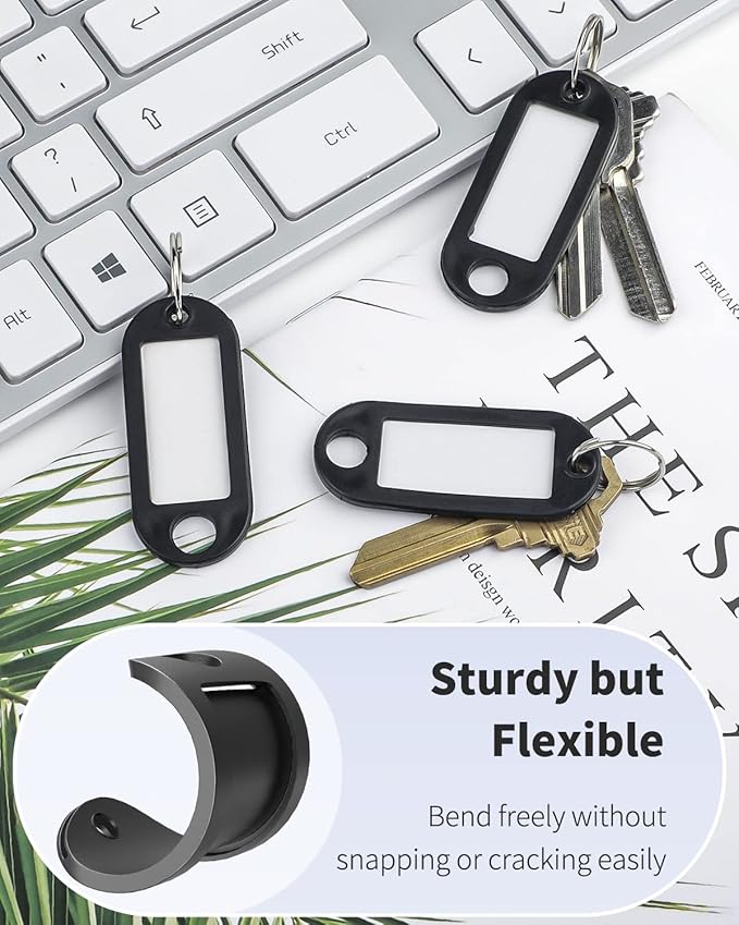 Uniclife 10 Pieces Key Tags 2 Inch Soft Plastic Key Chain Tags with Blank Paper Labels Clear Windows Protective Films and Split Rings Flexible Item Identifiers, Black