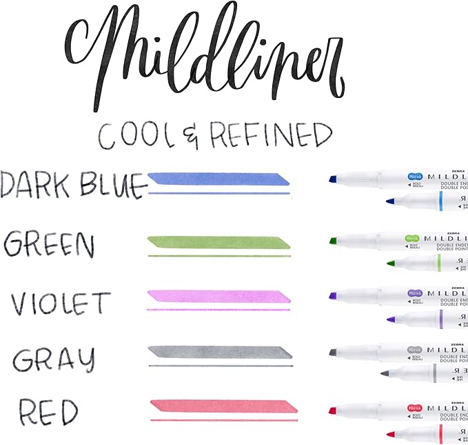 Zebra Pen Mildliner, Double Ended Highlighter, Broad and Fine Tips, Assorted Cool and Refined Colors, 5-Count