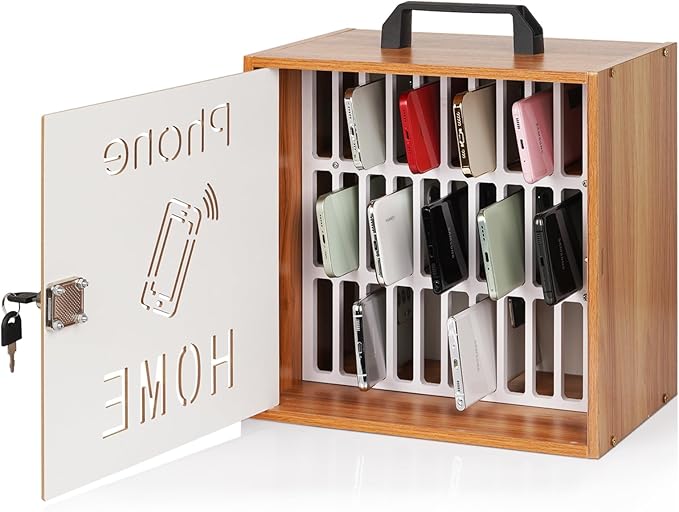 Cell Phone Holder Classroom 33 Slots Wooden Cell Phone Storage Cabinet Pocket Chart with Handle and Security Lock for Classroom Office (33 Grid Cabinet Cherry)