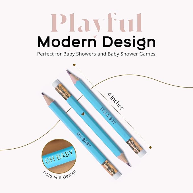 Markt Mini Pencils For Baby Shower Games Boy, Heart Pencils, Small Blue Pencil Set With Erasers