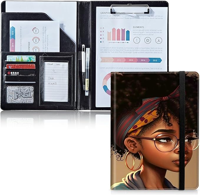 Padfolio Folder with Clipboard,Portfolios Organizer Clipboards with Storage Clipboard Writing Pad PU Leather Conference Document Organizer with Business Card Holder,African Black Woman