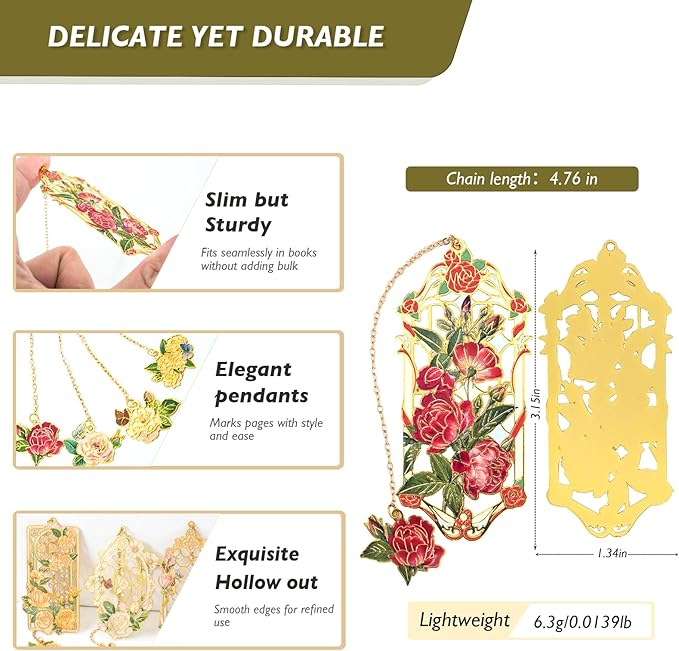 Aromoty 4 Pieces Metal Bookmarks with Pendant, Unique Cute Flower Butterfly Garden Themd Aesthetic Hollow Book Markers, Christmas Gifts for Women Reading Girls Teacher Readers Book Lover Accessories