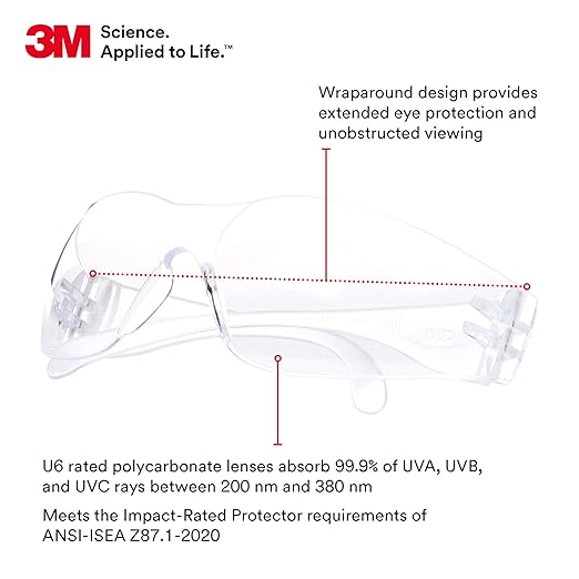 3M Safety Glasses, Virtua, 100 Pair, ANSI Z87, Unisex, Clear Lens, Clear Frame, Economical Eyewear Option, Lightweight, UVA, UVB, UVC