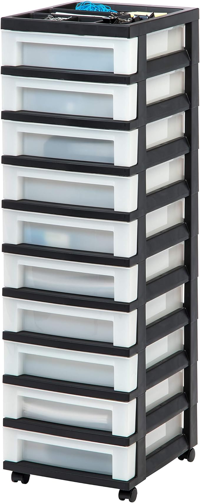 IRIS USA Plastic Drawer Storage Organizer Rolling Cart, with Wheels Casters, 10-Drawers, for Classroom Art Craft Supplies Dresser Closet Bathroom Bedroom, Top Organizer for Small Parts, Black/Pearl