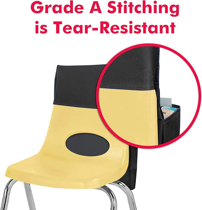Black Chair Back Pocket School Seat Chair Storage Pocket Organizer with Label Slot Multiple Pockets for School Home Classroom Preschool Daycare