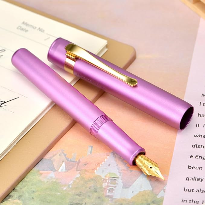 Hongdian M2 Mini Fountain Pen with Extra Fine Soft Golden Nib, Sleek Shape Aluminium Short Pocket Travel Pen (Lilac Purple)