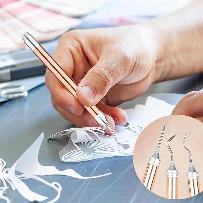 3PCS LED Weeding Tools for Vinyl with Light with Pin and Hook Lighted Pin Pen Weeding Tool for for Removing Iron on Tiny Vinyl Paper Silhouette Cutting Machines Supply (Rose Gold)