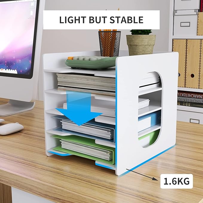 Natwind 5 Tiers Paper Organizer for Desk Desktop White File Holder Office Desk Organizer Mail Letter Tray & Paper Sorter Document Notebooks Storage Rack for Home Office School Classroom