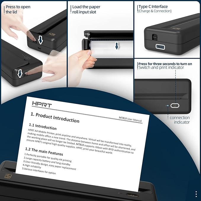 HPRT Wireless Portable Printer - Bluetooth Thermal Printer for Travel, Mobile Office, School, Home Compatible with iOS Android