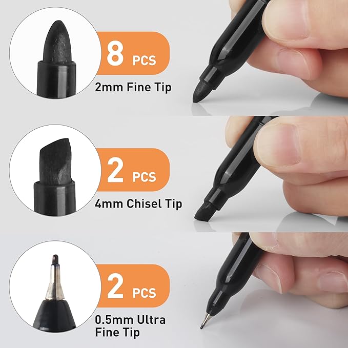 Permanent Markers 12 Black - Waterproof Quick Drying Pens Set 8 Fine Tip, 2 Ultra Fine, 2 Chisel Tip Office Home School Supplies for Adults Writing Doodling Marking