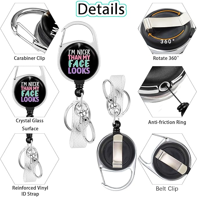 Gctriki Funny Badge Reel Heavy Duty with 360 Swivel Carabiner Clip, Cute ID Badge Holder, Nurse Teacher Retractable Keychain Name Badge Clip I'm Nicer Than My Face Looks