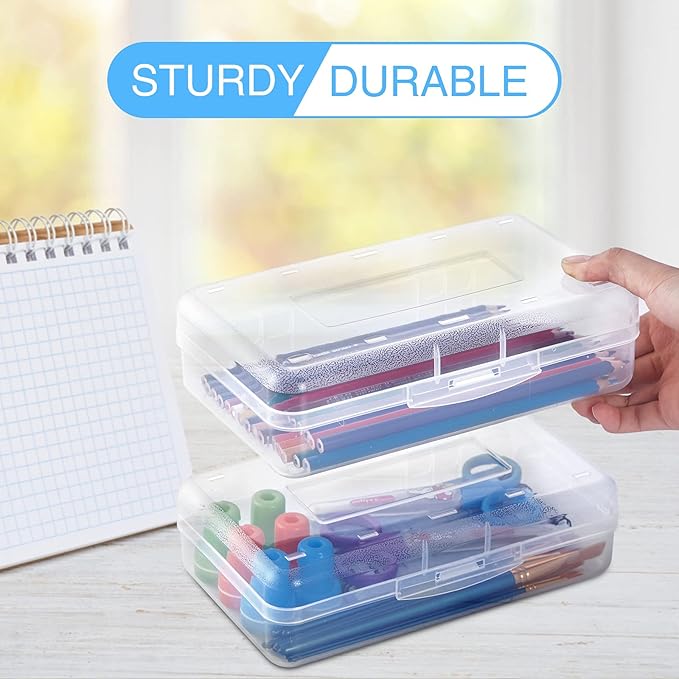 Sooez 3 Pack Pencil Case, Large Pencil Box Case, Clear Crayon Marker Box Bulk, Hard Plastic School Supplies with Snap-tight Lid, Stackable Storage Container Art Craft Organizer for Bead Pens, Clear