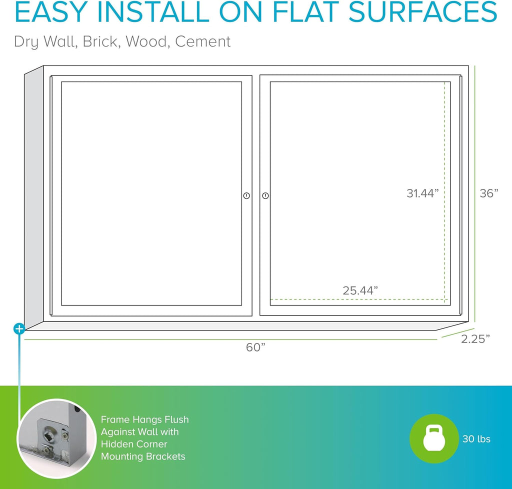 Ghent 36"x60" 2-Door Outdoor Enclosed Vinyl Bulletin Board, Shatter Resistant, with Lock, Satin Aluminum Frame - Ebony (PA23660VX-183), Made in the USA