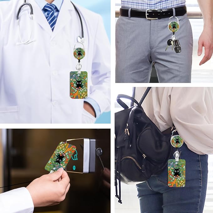 Cute Cat Hidden in The Flowers Badge Holder with Retractable Reel and Breakaway Lanyard，Badge Clips Retractable Heavy Duty Badge Reel，ID Holder with Breakaway Lanyard for School Nurse Office Teen ﻿3