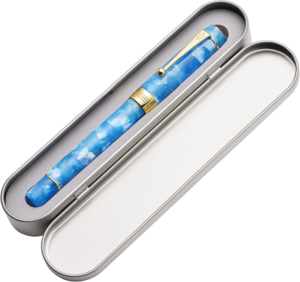 Jinhao 100 Fountain Pen Celluloid Classic Style, #6 Nib Smooth Writing Instrument with Refillable Converter and Pen Case Set