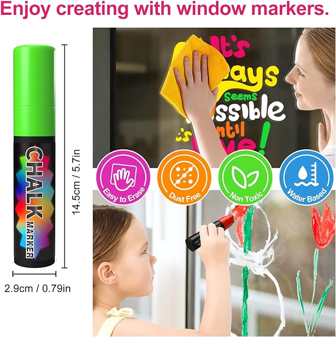 FansArriche Window Markers - 15mm Jumbo - 8 Pack of Neon Chalk Pens - Liquid Chalk Bright Car Markers, Chalkboard Markers for Windows, Blackboard, Glass, Signs, 3-in-1 nib