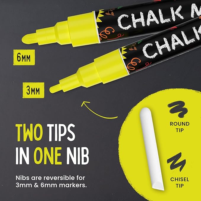 5 Yellow Chalkboard Chalk Markers - Yellow Dry Erase Markers for Blackboard, Chalkboard Signs, Windows, Glass | Variety Pack - Fine & Jumbo Size Ink Pen (1mm, 3mm, 6mm, 10mm, 15mm)