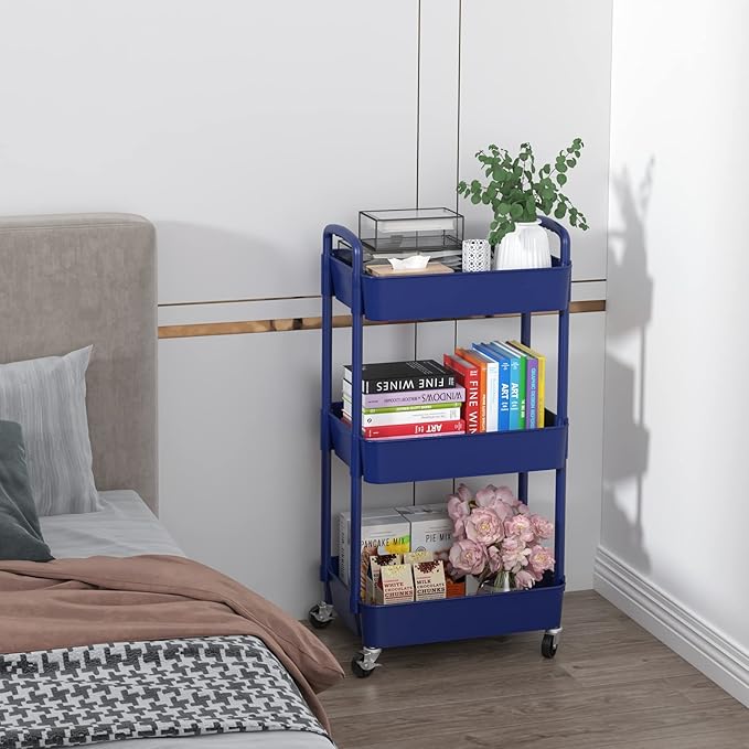 Sywhitta 3-Tier Plastic Rolling Utility Cart with Handle, Multi-Functional Storage Trolley for Office, Living Room, Kitchen, Movable Storage Organizer with Wheels, Blue