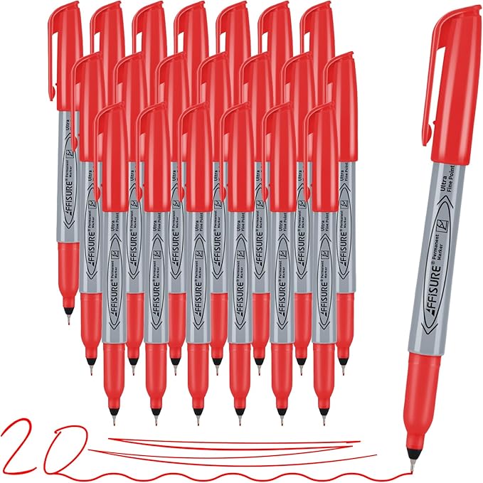 Red Ultra Fine Point Permanent Marker, 20 Pack, 0.4 mm, Precision Fine Tip for Detailed Writing, Art, Crafts & Labeling on Paper, Plastic, Glass, Metal, Waterproof, Fade-Resistant Ink