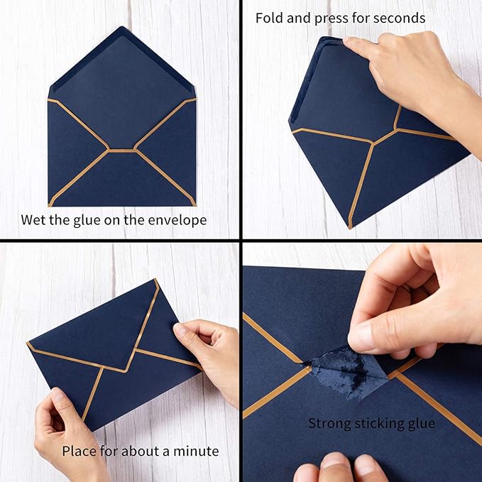 50 Pack A7 Envelopes Navy Blue 5 x 7 Self-Adhesive V Flap Envelopes with Gold Border for Office, Greeting Card, Wedding, Graduation, Baby Shower, Parties, Invitations (Navy Blue, 5x7)