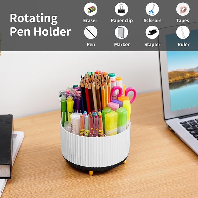 Marbrasse Desk Organizer, 360-Degree Rotating Pen Holder for Desk, Desk Organizers and Accessories with 5 Compartments Pencil Organizer, Art Supply Storage Box Caddy for Office, Home (White+Black)