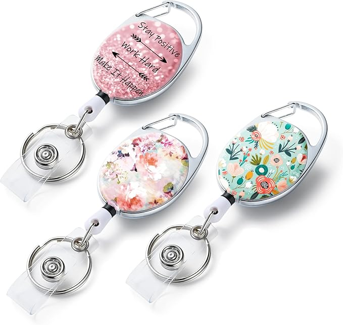 3 Pack Badge Reels Retractable，Double Sided Color Print Pattern Retractable Badge Holders，with Retractable Keychain, Badge Clip and Key Ring，Durable Nylon Retractable Rope