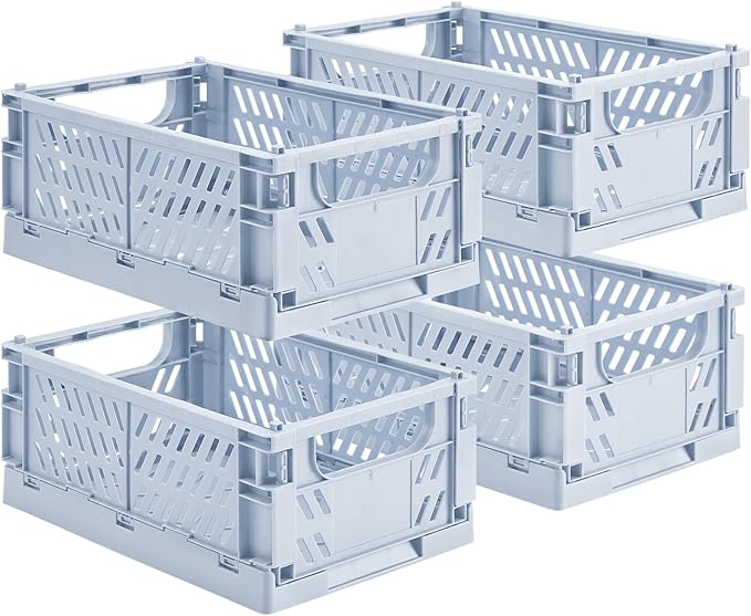 4-Pack Small Pastel Plastic Storage Baskets, Collapsible Crates for Organizing, Space-Saving Mini Bins for Classroom, Kitchen, Office, Bedroom (Blue, 9.8" x 6.5" x 3.8")