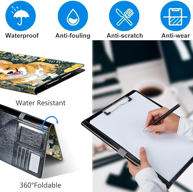 Dog Flower Padfolio Folder with Clipboard,Portfolios Organizer Clipboards with Storage Clipboard Writing Pad PU Leather Conference Document Organizer with Business Card Holder